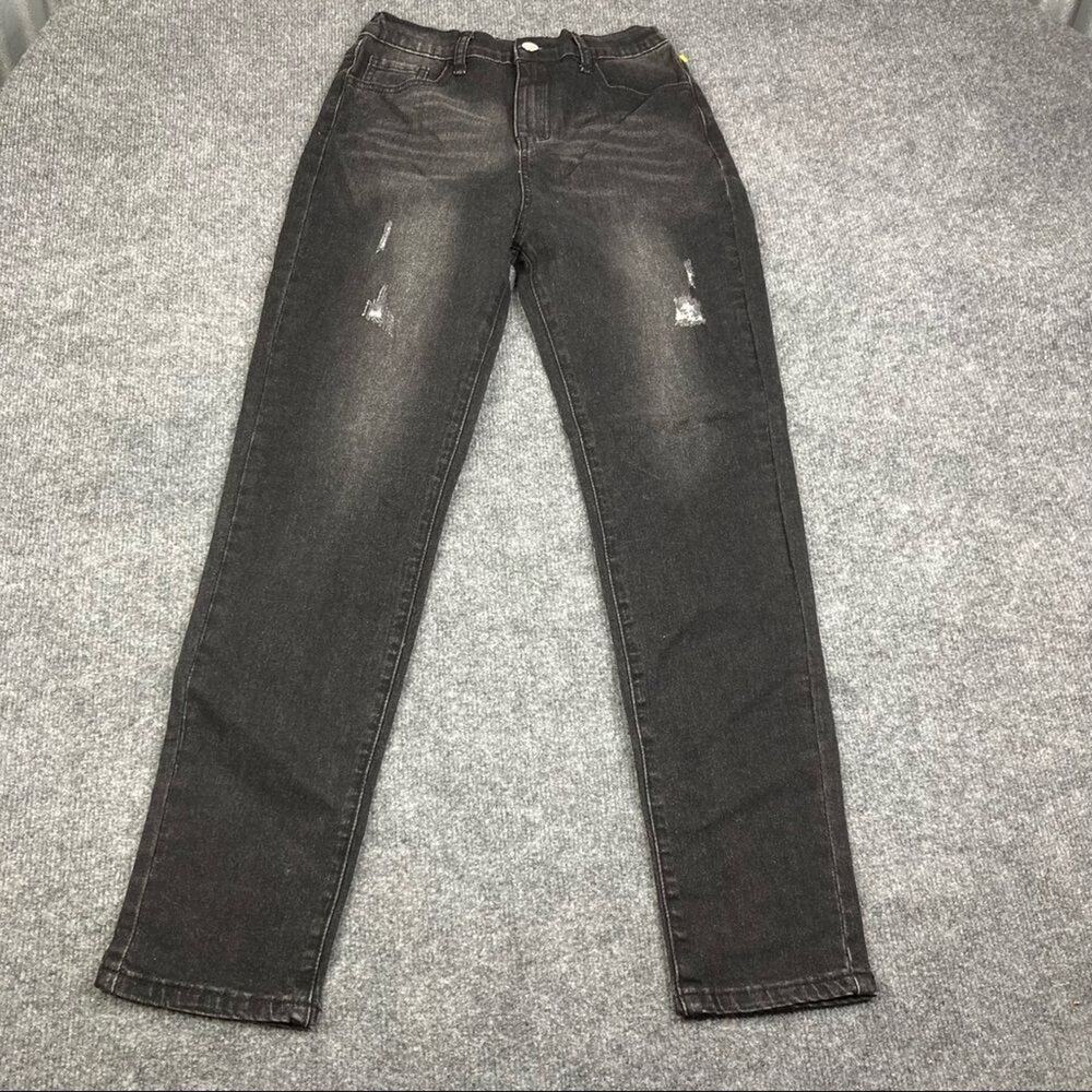 SHEIN Jeans Girls Size 160 Black Distressed Slim Fit Elastic Waist Denim 70043